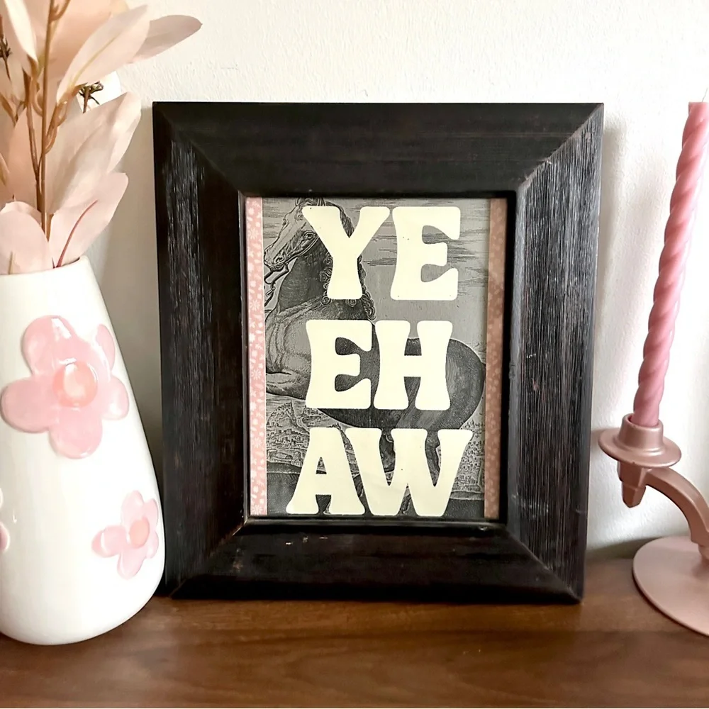 Yeehaw Rodeo Cowgirl Horse Western Pink Floral Canvas Art Print Wood Framed Art
